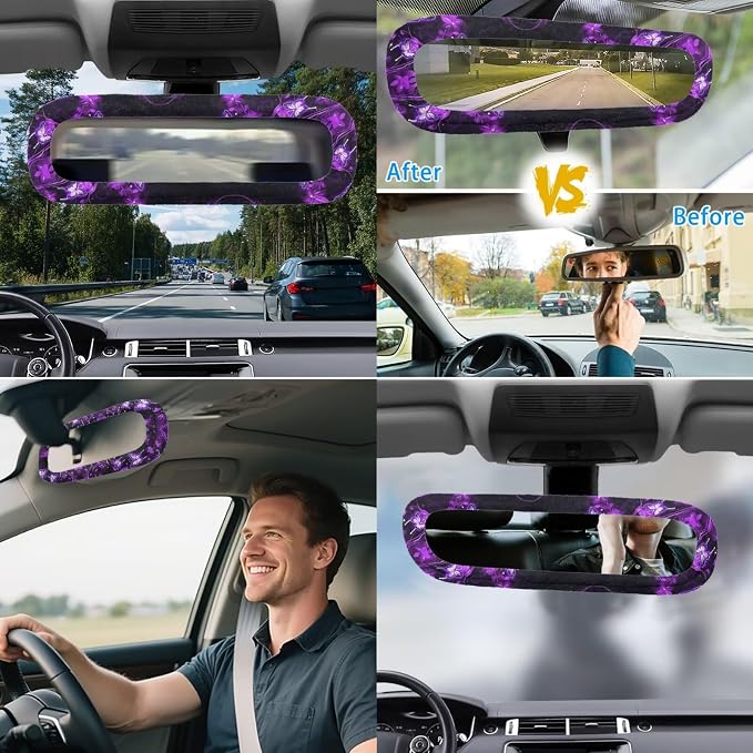 Purple Butterfly Car Seat Covers Full Sets with Front and Split Rear Bench,Butterflies Car Aaccessories Sets for Women Auto Interior Accessories with Headrest Covers,Seat Belt Shoulder Pad