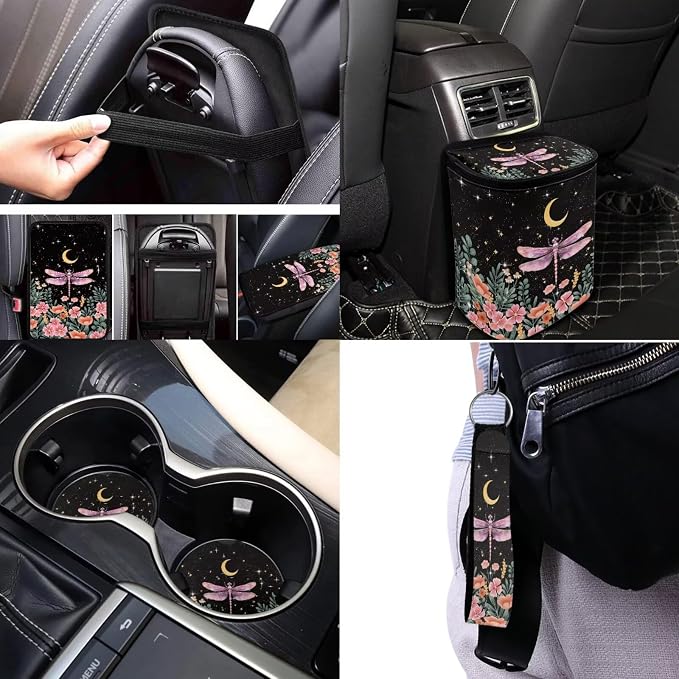 17 Pack Dragonfly Car Seat Covers Full Sets for Women,Starry Sky Dragonfly Car Interior Aaccessories with Pink Head Rest Covers,Steering Wheel Cover,Seat Belt Cover Pad,Armrest Pad,Cup Mats