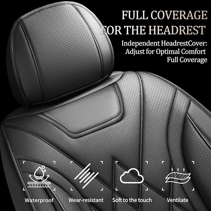 Fit Fusion Car Seat Covers for Ford Fusion 2007-2020 - Luxury Leather, Anti-Slip, All-Weather, Waterproof & Breathable, Airbag Compatible, 2 Front Seats Only (Black)