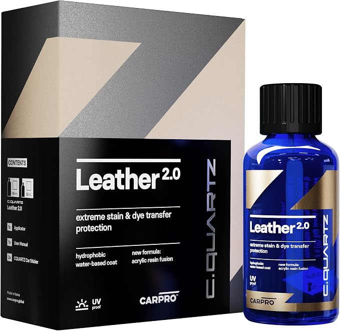 CARPRO CQUARTZ Leather 2.0 - Kit - Hydrophobic & Oil Phobic, Safe on All Car Leather, Resistance to UV, Denim Dye Coloring, Abrasion and Stains (30ml Kit)