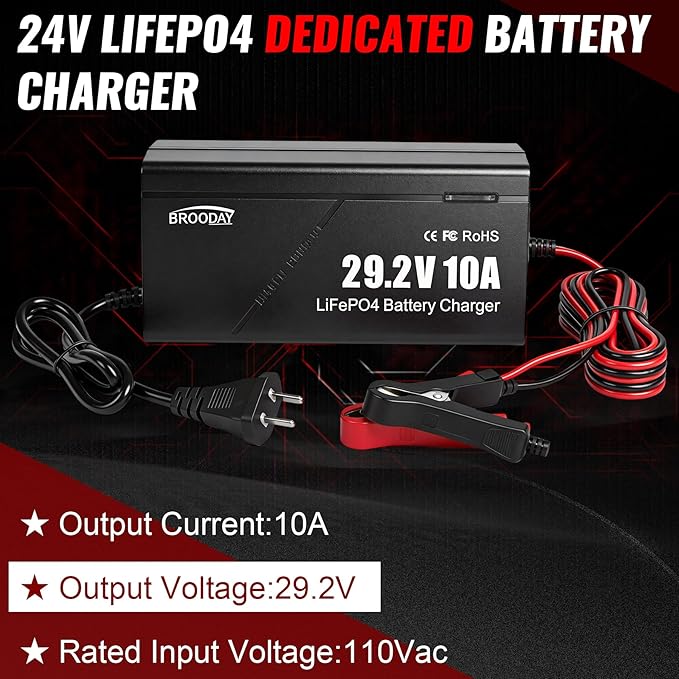24V 10A LiFePO4 Battery Charger, 29.2V Lithium Battery Charger, Fast Charging, Over-Current and Over-Voltage Protection for 24V Lithium Iron Phosphate Batteries
