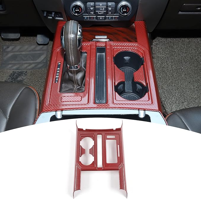 JeCar Center Console Gear Shift Cup Holder Panel Cover Trim Decoration Frame for 2015-2020 Ford F150 (Red Carbon Fiber)