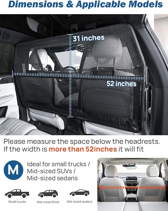 JOYTUTUS 52" Wide Dog Car Barrier with Removable Visual Window, Car Barrier for SUV Escape-Proof, Net for Behind Front Seats, Vehicle Gate for Dog Travel, Ideal for Sedans SUVs Trucks