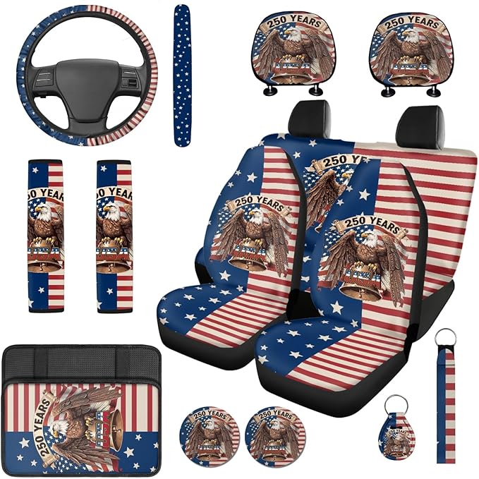 Bulopur American Flag Eagle Auto Seat Covers Front and Rear with Steering Wheel Cover Center Console Cushion Car Seat Headrest Covers Seat Belt Pads 250 Years Anniversary Car Interior Decor Set