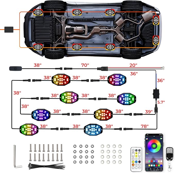 8 Pods 9 Side 162 LEDs Rock Lights, App/2 Remote Control RGB Underglow Lights Compatible with 12V Trucks Jeep UTV ATV Golf Cart,Brake Signal,Waterproof,Music Mode,Plug and Play,Multi-Color(Patented)