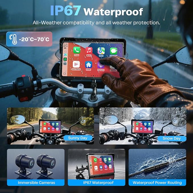 WonVon Motorcycle CarPlay Screen with Android Auto – 7” Waterproof GPS, Pantalla para Moto, Apple CarPlay, Navigation System for Motorcycle, Dual 2K Dash Cam Bluetooth Audio,64GB&TPMS with Magnetic