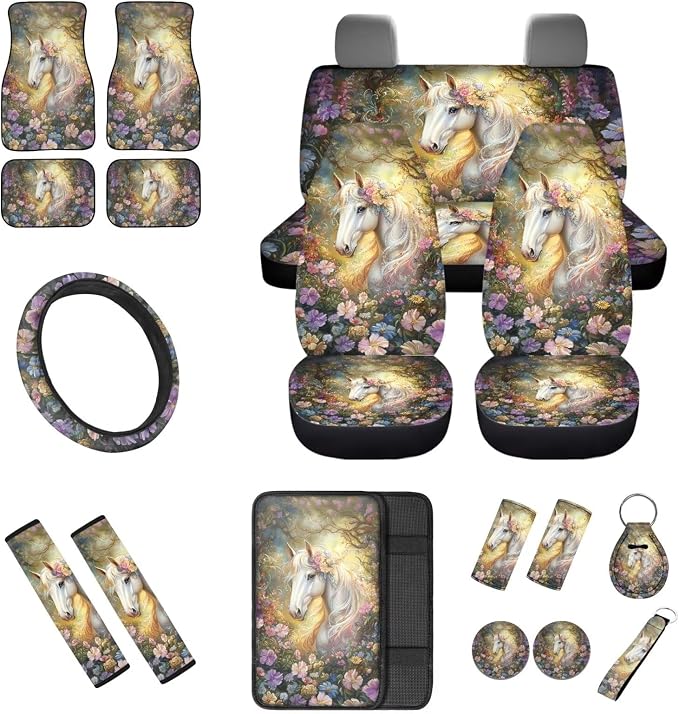 White Horse Print Car Seat Covers Full Set Auto Floor Mats Car Steering Wheel Cover Shoulder Pads Armrest Pad Roof Gloves Cup Coaster Keychain Auto Interior Accessories Set of 18