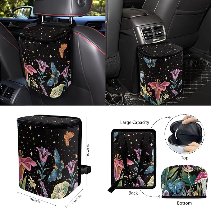 Galaxy Butterfly Floral Print Car Accessories Set of 15 Car Seat Covers Steering Wheel Cover Seatbelt Strap Pad Air Vent Storage Holder Trash Cans Rear View Mirror Cover Coasters Key Chain