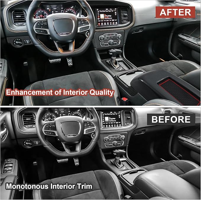 7PCS Carbon Fiber Interior Cover Kit Compatible with 2015-2023 Dodge Charger, Gear Shift Panel Cover Cup Holder Cover AC Air Vent Cover Headlight Switch Panel Cover