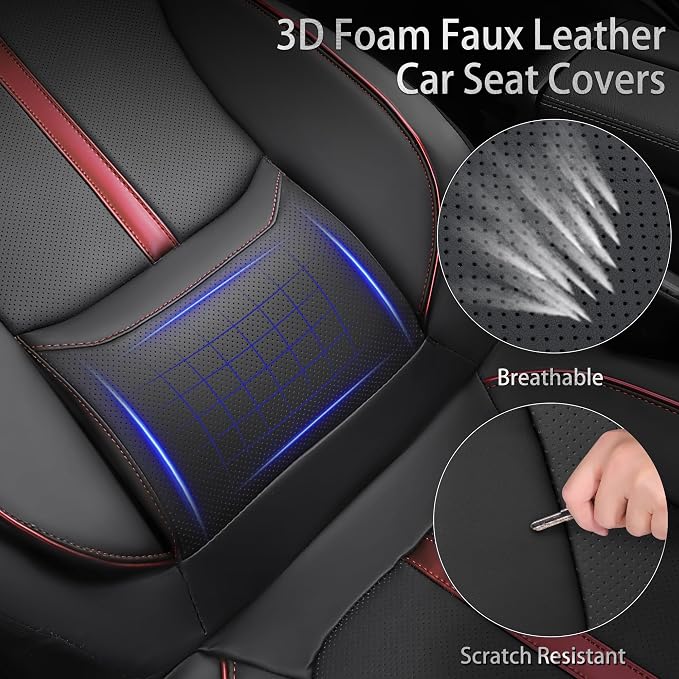 CAR PASS 3D Foam Support Red Leather Car Seat Covers Front Seats,Waterproof Faux Leather Front Seat Cover for Car,Universal Fit Anti-Slip for SUV Truck,Rubber Floor Mats for Cars