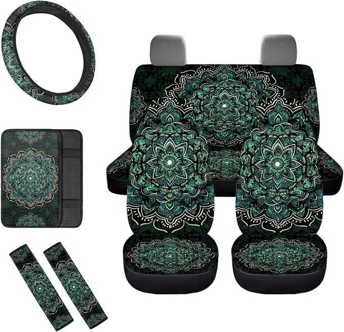 8 Pcs Green Mandala Floral Car Seat Covers Full Set Car Accessories for Women Front Seat Cover Steering Wheel Armrest Cover Seat Belt Cover for Auto SUV Interior Decoration