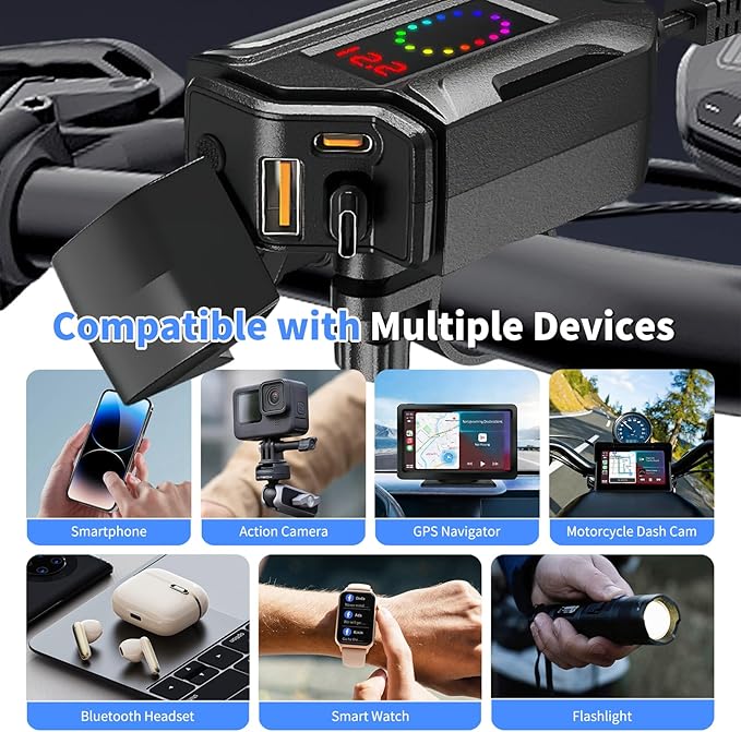 Motorcycle USB Charger, 3-in-1 Fast Charging with USB-A & USB-C + Retractable Type-C Cable, 12–24V Waterproof IP56, LED Voltmeter, Handlebar & Mirror Mount for Motorbike ATV