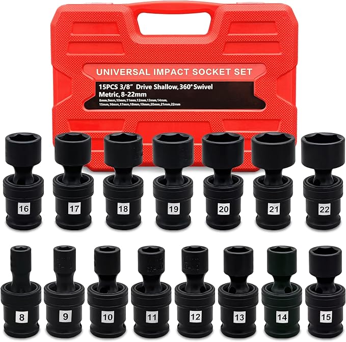 Universal Swivel Impact Socket Set, Premium Cr-Mo Steel | 15-Piece Metric 8mm - 22mm Set | 6 Point | 3/8-Inch Drive