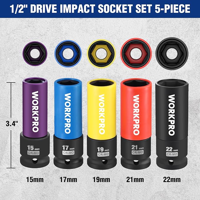 WORKPRO 1/2" Drive Lug Nut Socket Set, 5 Pieces 15 17 19 21 22 MM Non-Marring Lug Nut Wheel Socket Set, Thin Wall Wheel Protector Nut Socket