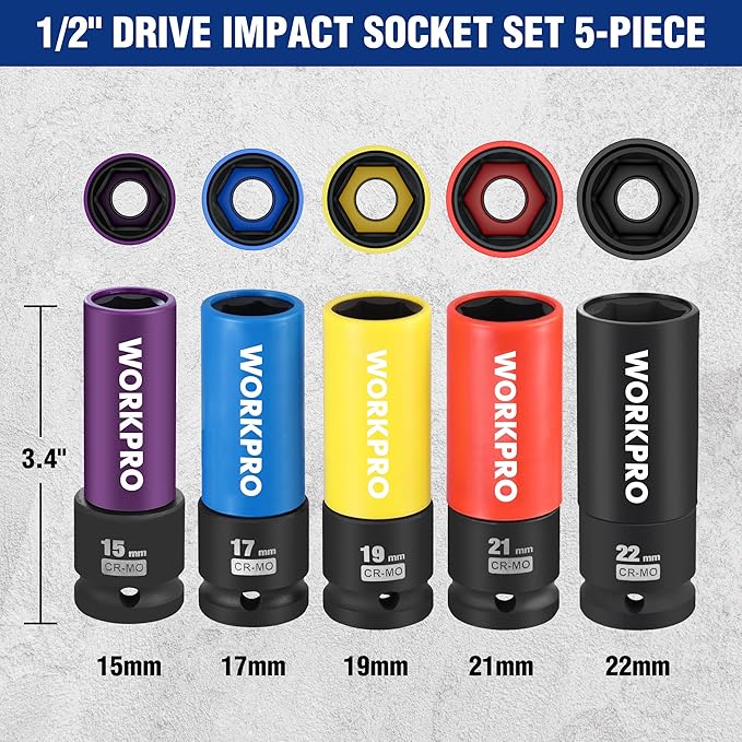 WORKPRO 18-Piece Impact Socket Extension Set,1/2" Drive Lug Nut Socket Set,Includes Socket Adapters, Ratchet Extension Set,Non-Marring Lug Nut Wheel Socket Set