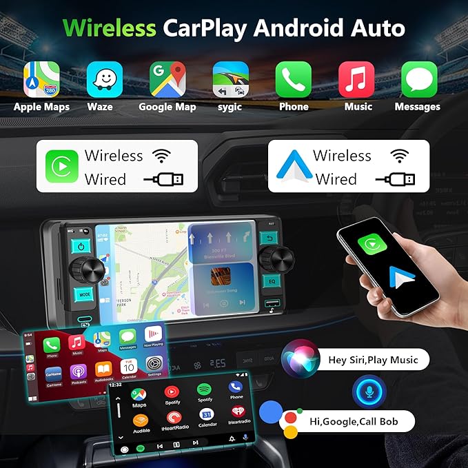 Single Din Car Stereo – Dual Knob Touchscreen Radio with Wireless Apple CarPlay & Android Auto Upgrade Your Classic Car with Easy Installation, Backup Camera Ready, Bluetooth, GPS, FM/AM, USB, EQ