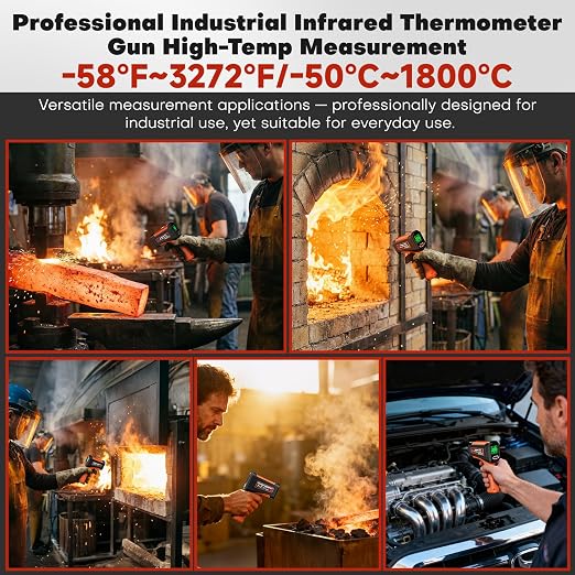 Infrared Thermometer Gun, -58°F to 3272°F, High Temp 50:1 | Built for Kilns, Furnaces & Industrial Maintenance • Fast 0.5s Response • Data Storage Function