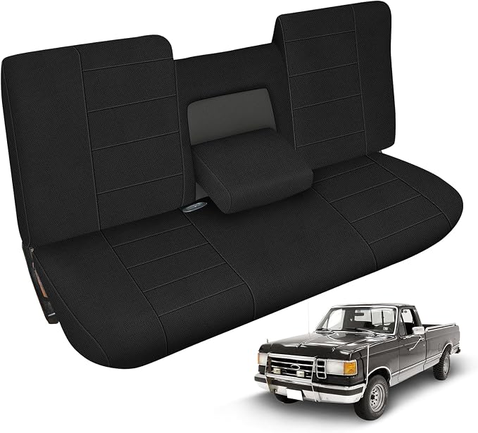Truck Seat Cover Compatible with 1987-1991 Ford F150 Front Bench with Opening Armrest and Molded Headrest, Black