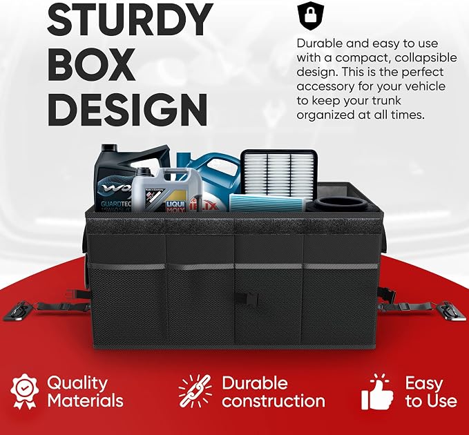 FORTEM Car Trunk Organizer (Black, Standard) + Ratchet Straps