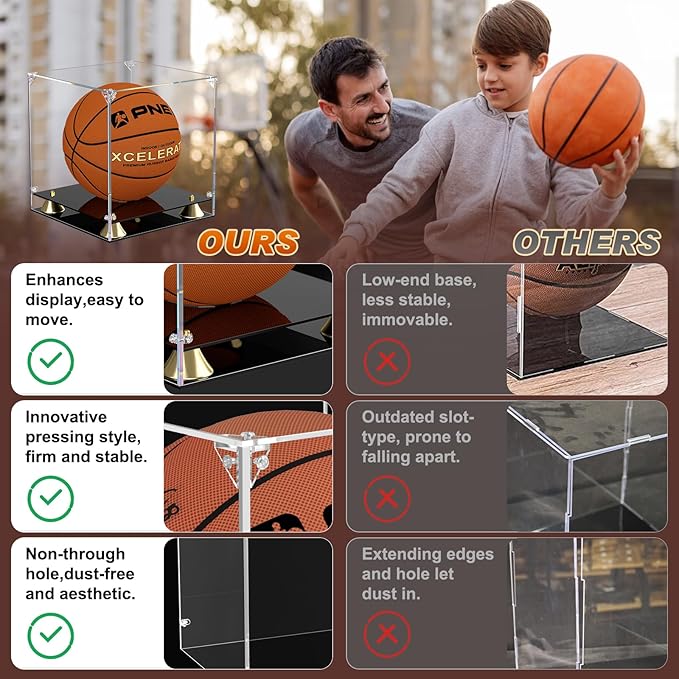 KOLIPI Basketball Display Case, Clear Acrylic Full Size Basketball Case Display with Double Layer Base, Assemble Soccer Showcase, Ball Holder Stand Box Protector for NBA WNBA Signed Ball Memorabilia