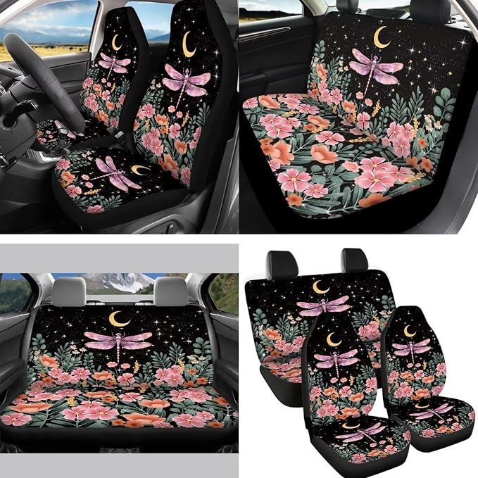 Cottagecore Dragonfly Car Seat Cover Set for Women Lady,Moon Flower Dragonfly Auto Steering Wheel Cover+Coasters+Keychains+Mirror Cover+Hand Break Gear Shift Knob Covers,14pcs Car Accessory