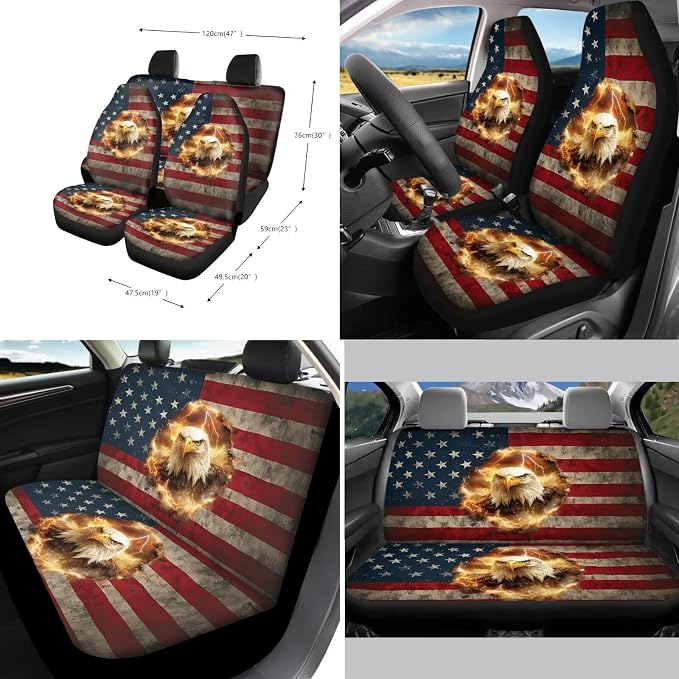 Xoenoiee American Flag and Eagle Car Seat Cover Front & Rear Seat Cover with Steering Wheel Cover + Seat Belt Cover+ Cup Coasters+ Key Chains Universal Fit for Van Truck SUV