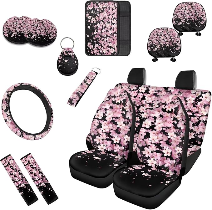 Cherry Blossom 13 PCS Car Seat Covers Classical Pink Cherry Blossoms Full Set Car Front Back Seat Cover Pink Flower Steering Wheel Cover Fit Auto SUV Trucks