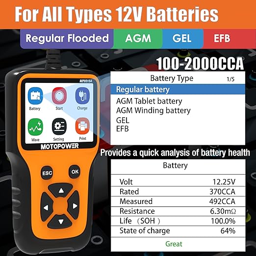 MOTOPOWER MP0515A 12V Car Battery Load Tester with MP00205B 12V 1000mA Battery Charger Maintainer