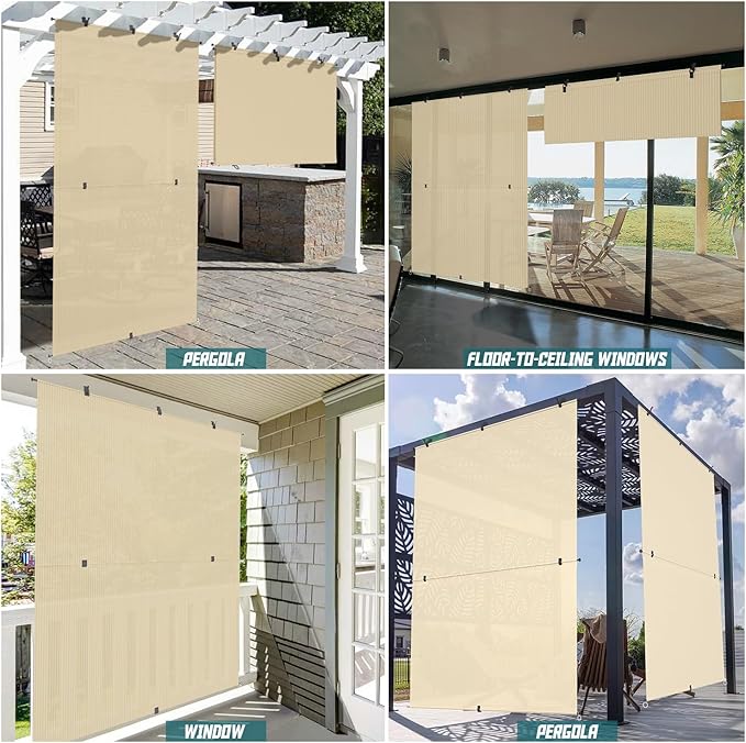 Bynbbur 7'W x 15'H Outdoor Patio Shades Foldable Roller Blinds, 220 GSM Sun Shade Roll Up Porch Screens Exterior Shade Cloth for Deck Pergola Backyard, Beige