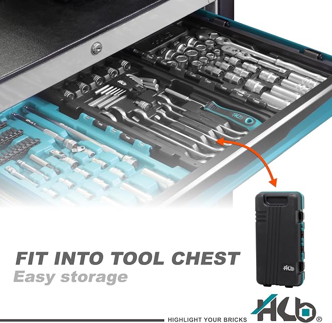 HB 100-Piece Socket Set AKX010-U, 90-Tooth Flex Head Ratchets 3/8"&1/4" Drive, Non-Slip Metric SAE Sockets, Deep & Standard, Impact Adapter, Wrenches, Torx Hex Bits, Tri-Fold Case, Made in Taiwan