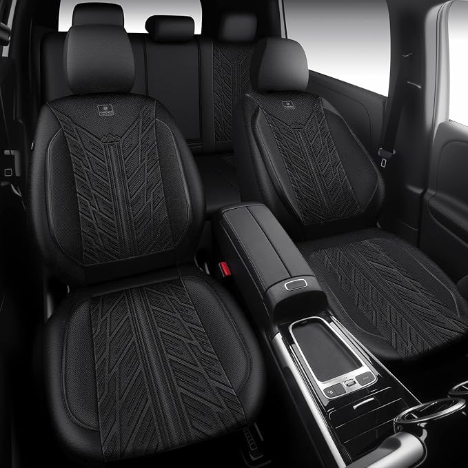 CAR PASS Leather Oxford Car Seat Covers Full Set,Heavy Duty Car Seat Covers Waterproof,Universal Fit for Trucks SUV Sedan Most Cars,Non-Slip,Armrest Airbag Compatible,All Black 3D Tyre Embossed