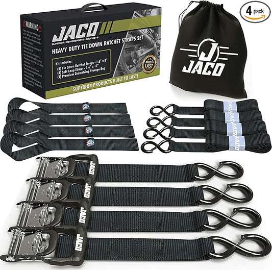 JACO Heavy Duty Ratchet Straps - 1.6 inch x 8 ft (Pack of 4) | Tie Down Kit with Soft Loops - 5,208 lbs (Black)
