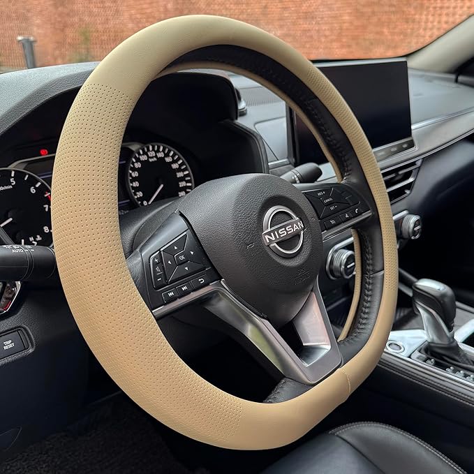 PINCTROT D Shaped Nappa Leather Steering Wheel Cover, Slim Fit No Bulk Design, One Piece Leather with Breathable Perforation, Fit Like Gloves, Flat Bottom 14.5-15 Inch(Nappa Light Taupe)
