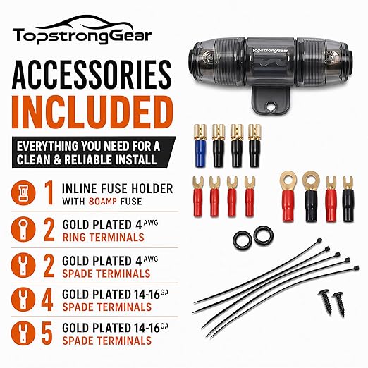 TOPSTRONGGEAR 4ga Amp Kit - 4 Gauge AWG Amplifier Wiring Kit for Car Subwoofers Speakers Audio System, Complete Amp Installation Kit with 20ft Power Ground Cable, RCA Cables, Fuse Holder, Speaker Wire