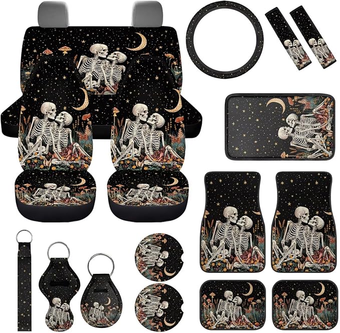 Skull Skeleton Car Accessories Set 17 Pack,Skeleton Skull Car Seat Covers Full Sets with Front and Split Rear BenchVehicle Front Rear Carpets Mats,Seat Belt Shoulder Pad Universal Fit Car