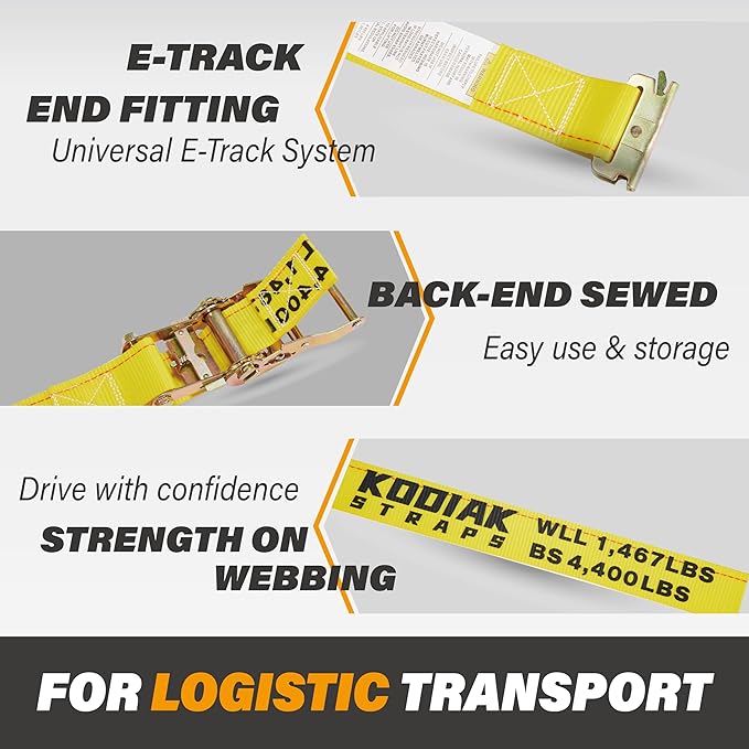 8 Pack E-Track Ratchet Straps 2" x 12' x 4,400 lbs Strength for Cargo Tie Down in Enclosed Trailer & Van by KODIAK STRAPS
