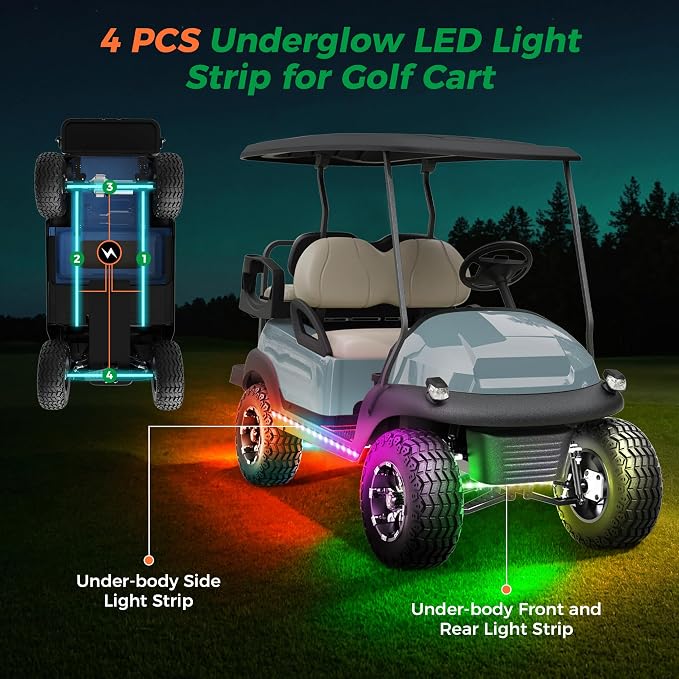 10L0L Golf Cart Underglow LED Light Strip Kit,Neon Underbody Lights,24 Modes,Wireless Remote,Sound-Active,Water-Resistant,and 4 Flexible Tubes Included