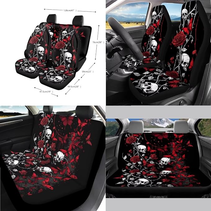 Car Accessories Seat Covers Full Set of 14 Skull Rose Butterfly Print Car Front and Rear Seat Covers with Steering Wheel Cover Center Console Pad Safety Belt Pads Cup Coasters