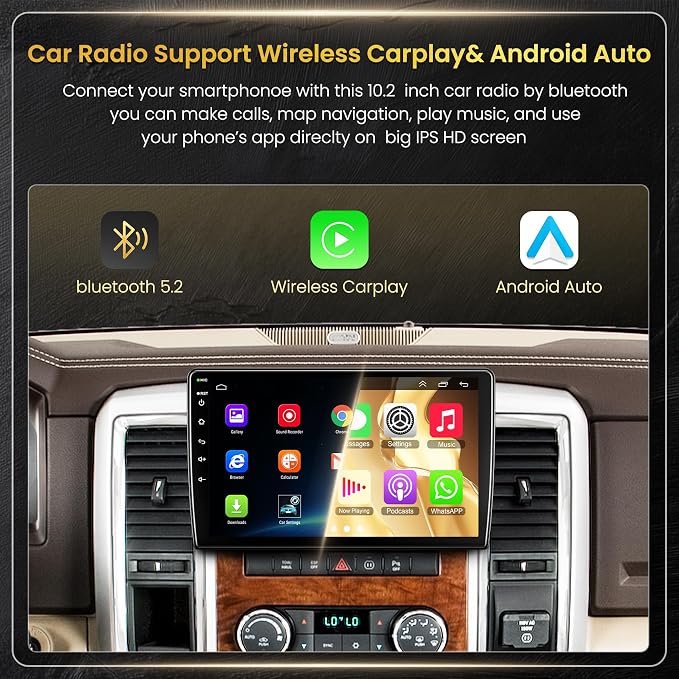 (8Core + 64GB) 10.2 Inch QLED Touch Screen Car Radio for Dodge RAM 1500 2500 3500 2009 2010 2011 2012 with Carplay and Android Auto, Support Bluetooth,WiFi,GPS,FM Radio,Backup Camera & SWC