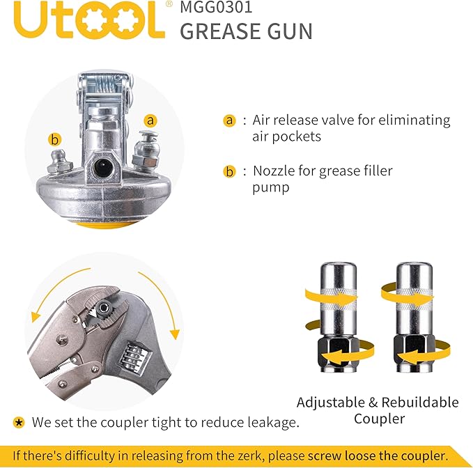 UTOOL Grease Gun | 8000 PSI Heavy Duty Pistol Grip Grease Gun Kit, 14 oz Capacity, 18 Inch Resin Flex Hose, 2 Basic Coupler and 1 Extension Rigid Pipe