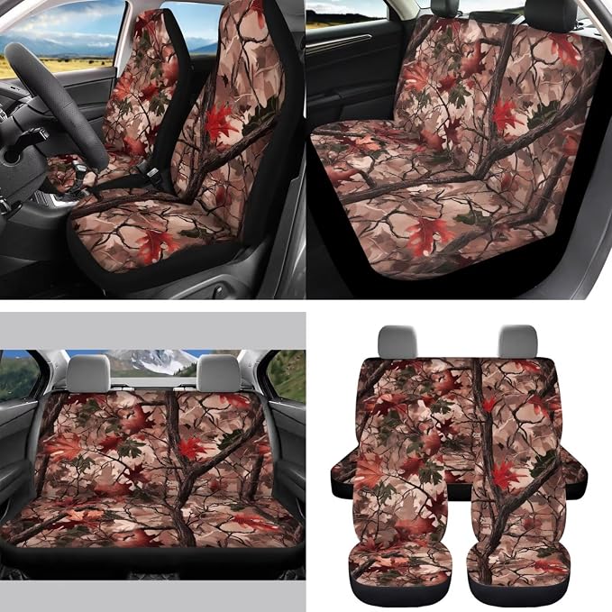 Pink Auto Interior Accessories Camo Tree Car Seat Covers with Auto Steering Wheel Cover Seat Belt Covers Car Trash Can View Mirror Cover Coaster Keychains