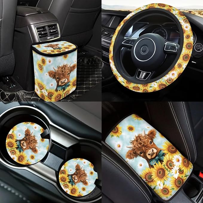 Highland Cow Sunflower Print Car Seat Covers Full Sets 18 Pieces Highland Cow and Sunflower Car Interior Accessories Sets Soft Car Seat Belt Pads Cover Car Trash Can Car Headrest Covers