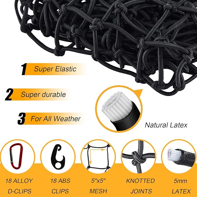 GSPSCN Truck Cargo Net 7' x 5' for Pickup Bed, Trailer,Boat,RV SUV Stretches to 15'x21' Max Heavy Duty Roof Rack Net,Small 5”x5” Mesh Netting w/24 Clip Carabiners Car Organizer Net for Large Loads