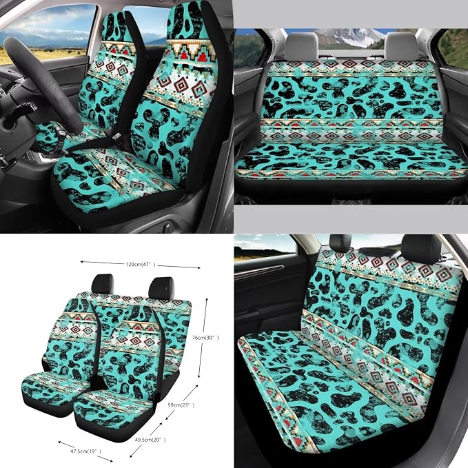 Wanyint Aztec Cow Print 15 Pack Car Accessories Set, Universal Auto Seat Protector Steering Wheel Cover Seatbelt Strap Pad Trash Can Mount Storage Pocket Cup Holders Rearview Mirror Cover Keychain