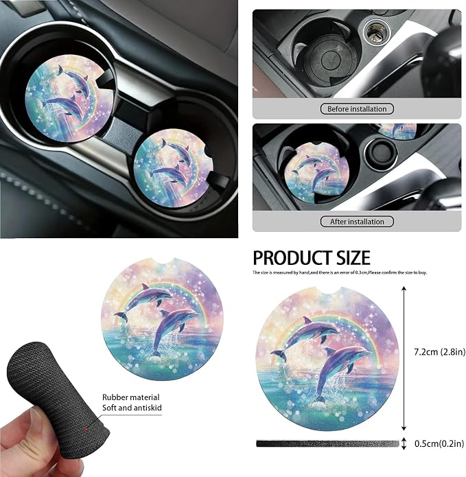 Dolphin Rainbow Print 15 Pack Car Accessories Set Car Seat Covers Steering Wheel Cover Seat Belt Strap Pad Rearview Mirror Cover Garbage Cans Air Vent Storage Bag Cup Holder Key Chain