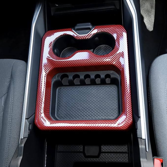 RT-TCZ for RAM Center Console Cup Holder Storage Box Trim Cover Frame for Dodge RAM 2018-2023 Red Carbon Fiber Interior Accessories