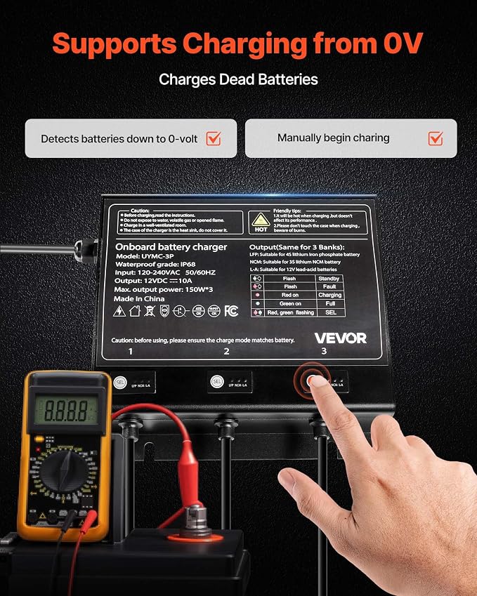 VEVOR Marine Battery Charger, 3-Bank 10A (10A/Bank) 12V Onboard Battery Charger, IP68 Waterproof Smart Charger for Lithium-Ion LiFePO4, NCM, Lead-Acid Batteries, Large Boats, Yacht, RV, Trailer
