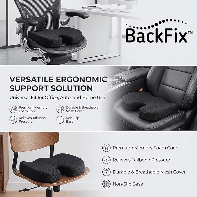 BackFix Max Comfort Extra Thick Orthopedic Doctor Designed Memory Foam Seat Cushion. Extra Thick Pressure Relief for Office Chair, Car Seat, Tailbone Sciatica Pain Relief, Black