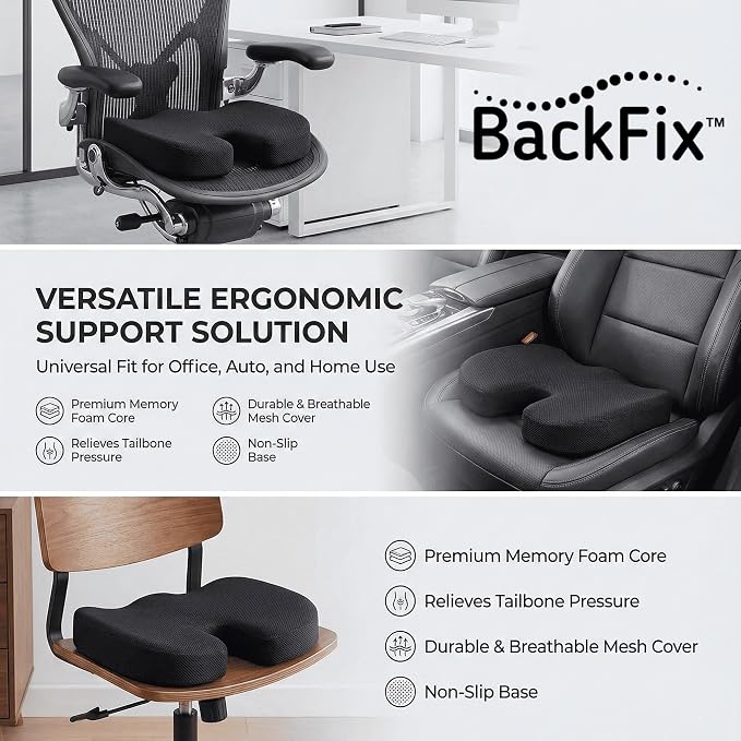 BackFix Extra Thick Cooling Gel Top Orthopedic Doctor Designed Memory Foam Seat Cushion. Extra Thick Pressure Relief for Office Chair, Car Seat. Tailbone Sciatica Pain Relief, Black