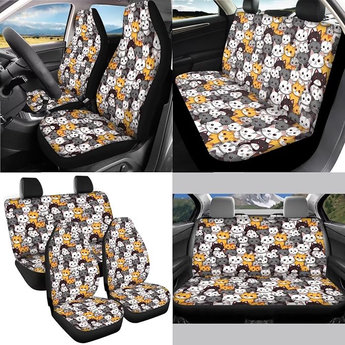 Cat Pattern Women’s 13 Pieces Car Accessories, 4 Pieces Auto Seat Covers with Elastic Backing, 1 Piece Steering Wheel Cover, 4 Safe Belt Pads, 4 Cup Coasters as Gift for Family Friend